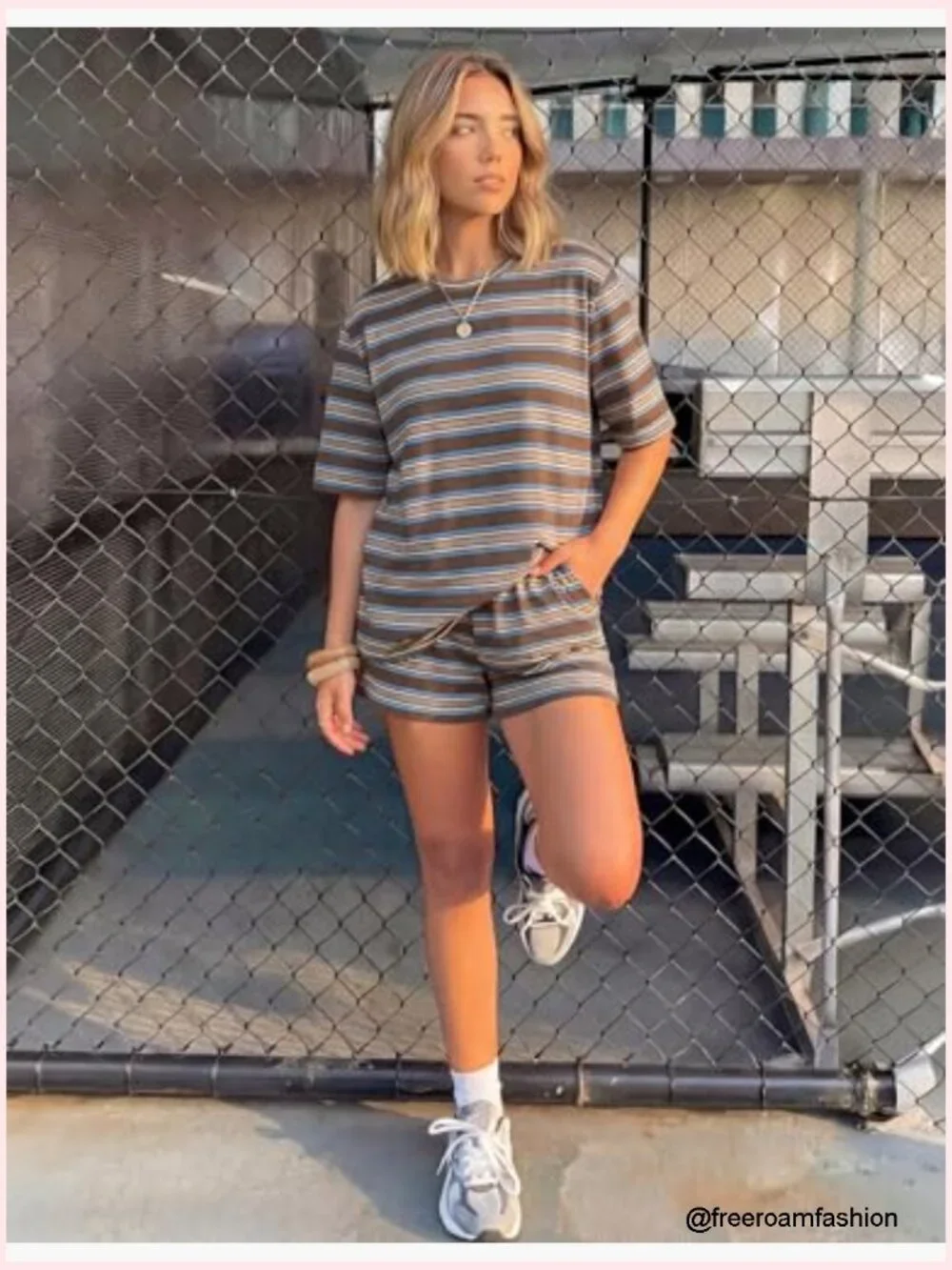 Women's 2 Piece Short Set Striped Loose Fit Lounge Matching Airport Travel